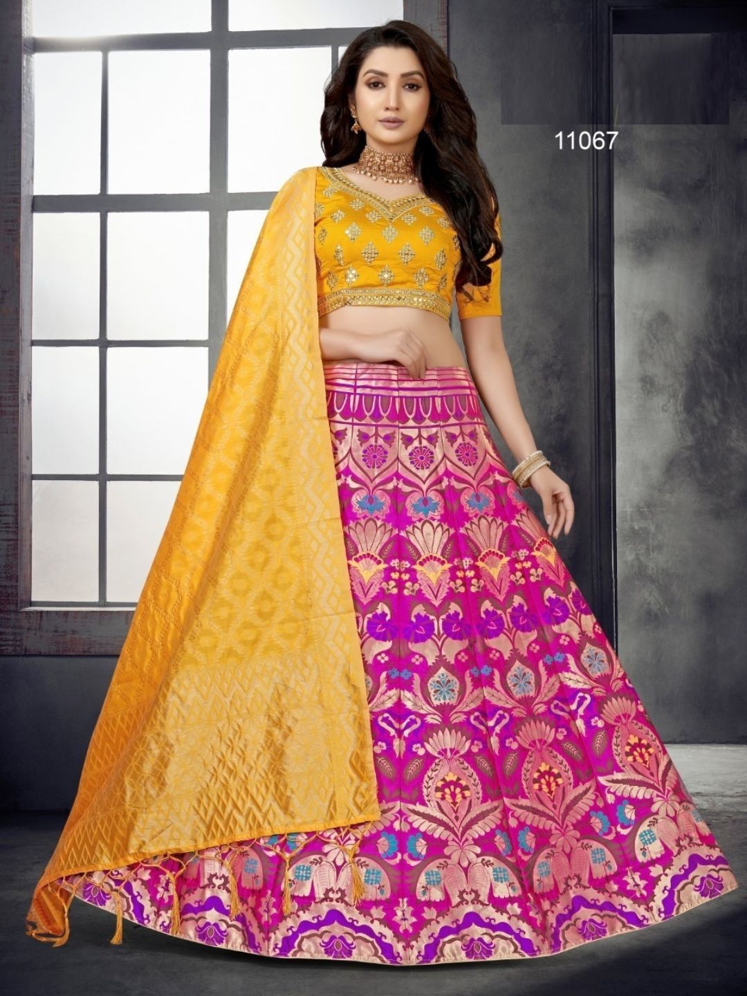 Woven Banarasi Lehenga in Pink and Yellow