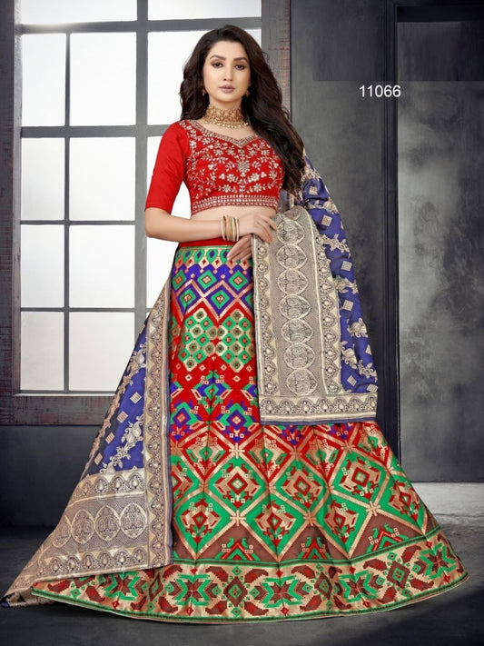 Woven Banarasi Lehenga in Green and Malticolor