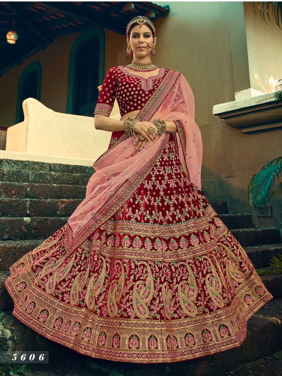 Embroidered Velvet Bridal Lehenga in Maroon