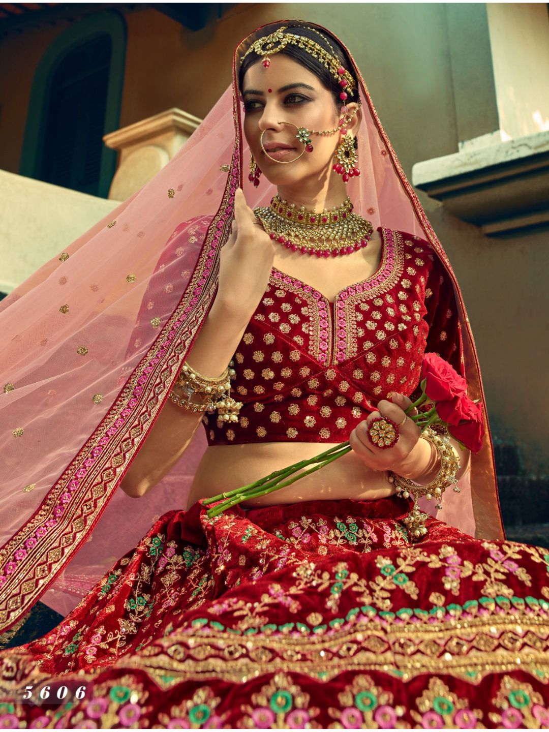 Embroidered Velvet Bridal Lehenga in Maroon