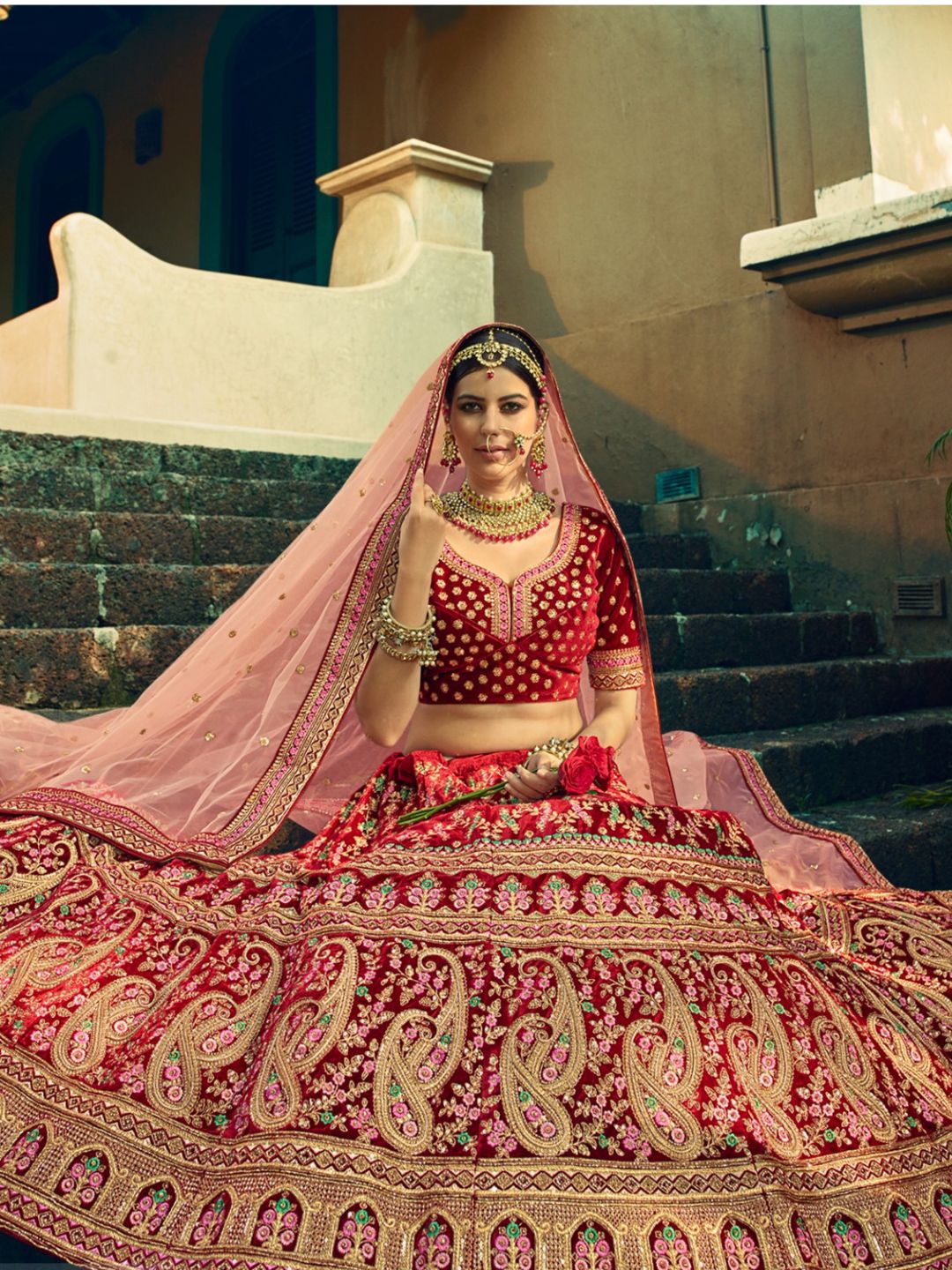 Embroidered Velvet Bridal Lehenga in Maroon