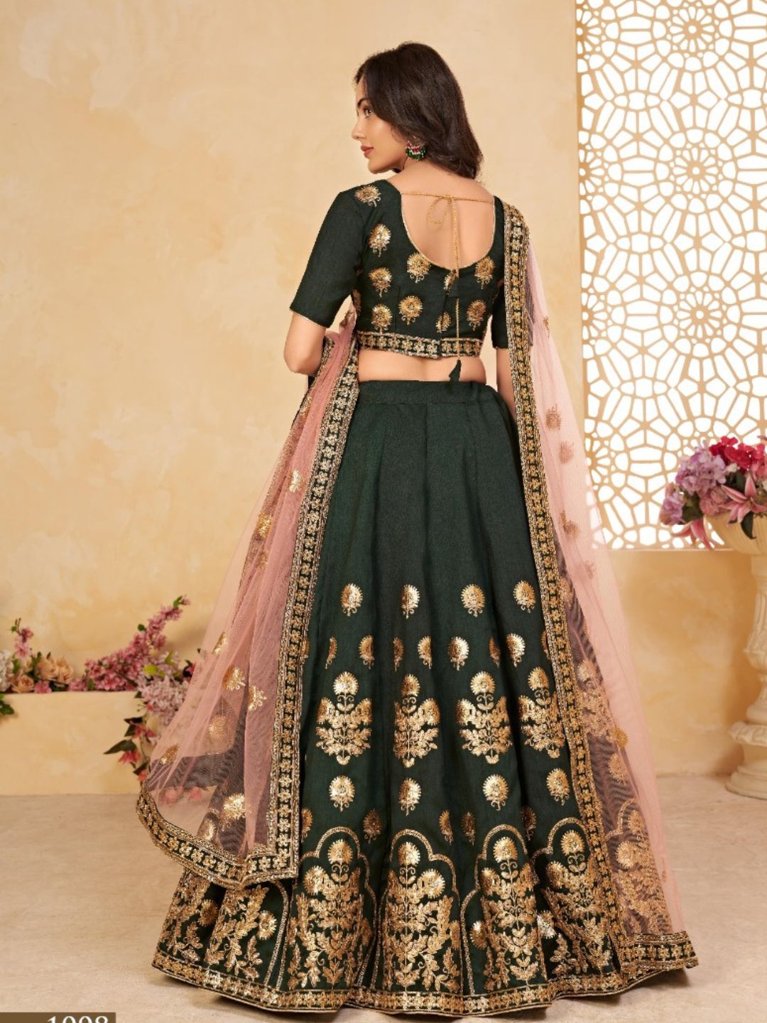 Embroidered Heavy Silk Lehenga in Green