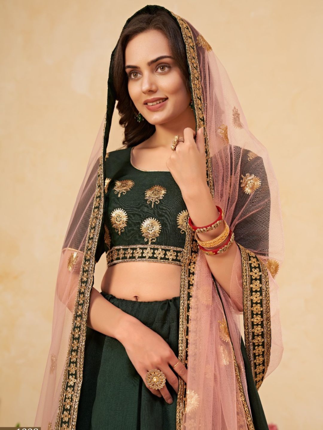 Embroidered Heavy Silk Lehenga in Green