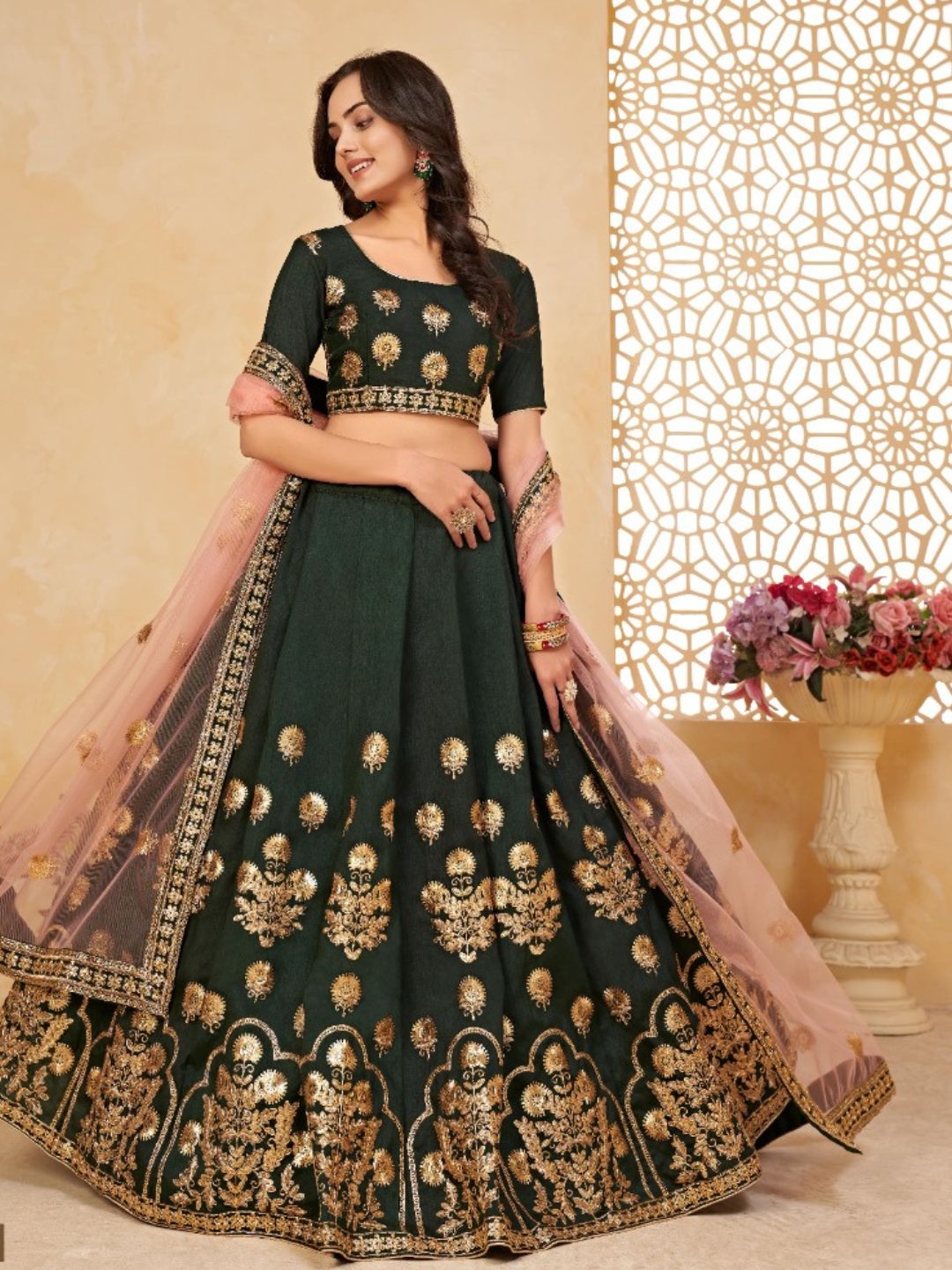 Embroidered Heavy Silk Lehenga in Green