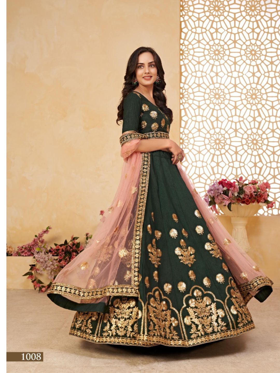 Embroidered Heavy Silk Lehenga in Green