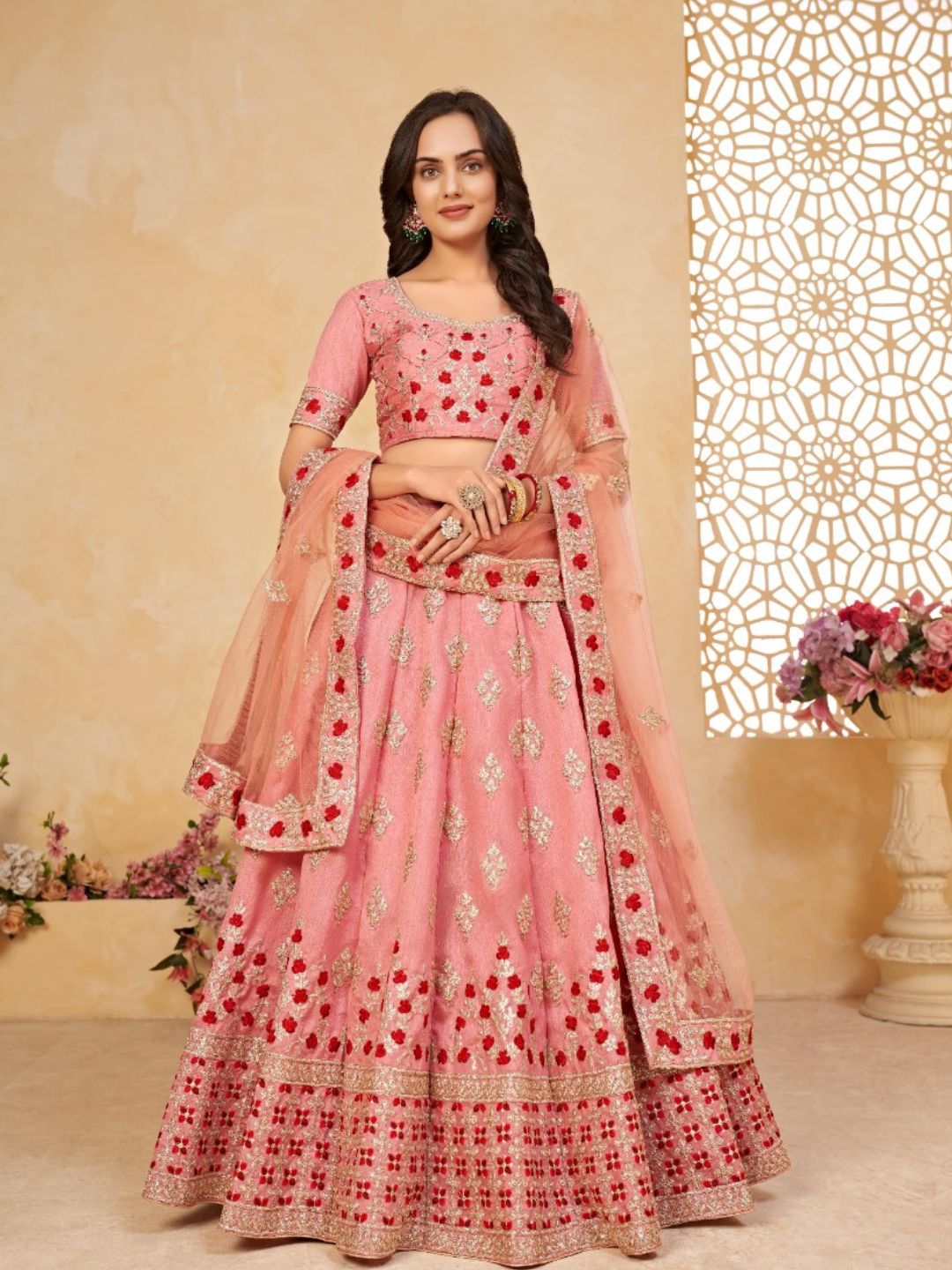 Embroidered Heavy Silk Lehenga in Pink