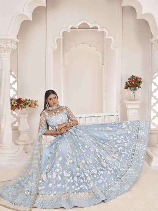 Embroidered Net Lehenga in Blue