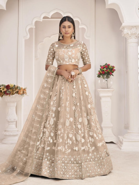 Embroidered Net Lehenga in Beige