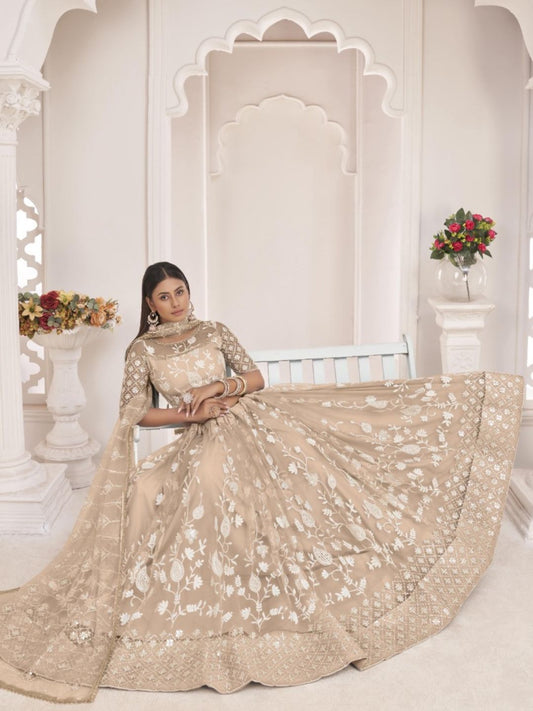 Embroidered Net Lehenga in Beige