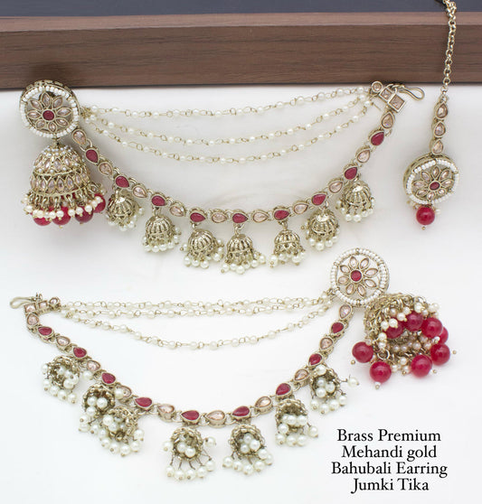Brass Premium quality Mehandi Gold Bahubali Earring jumki tika set-301147