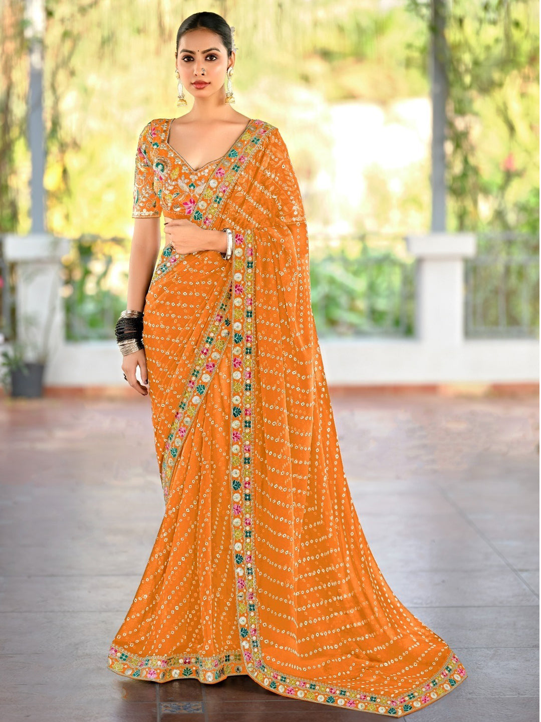 Georgette with Bandhej Printed Sequence work Saree in Orange color-41018