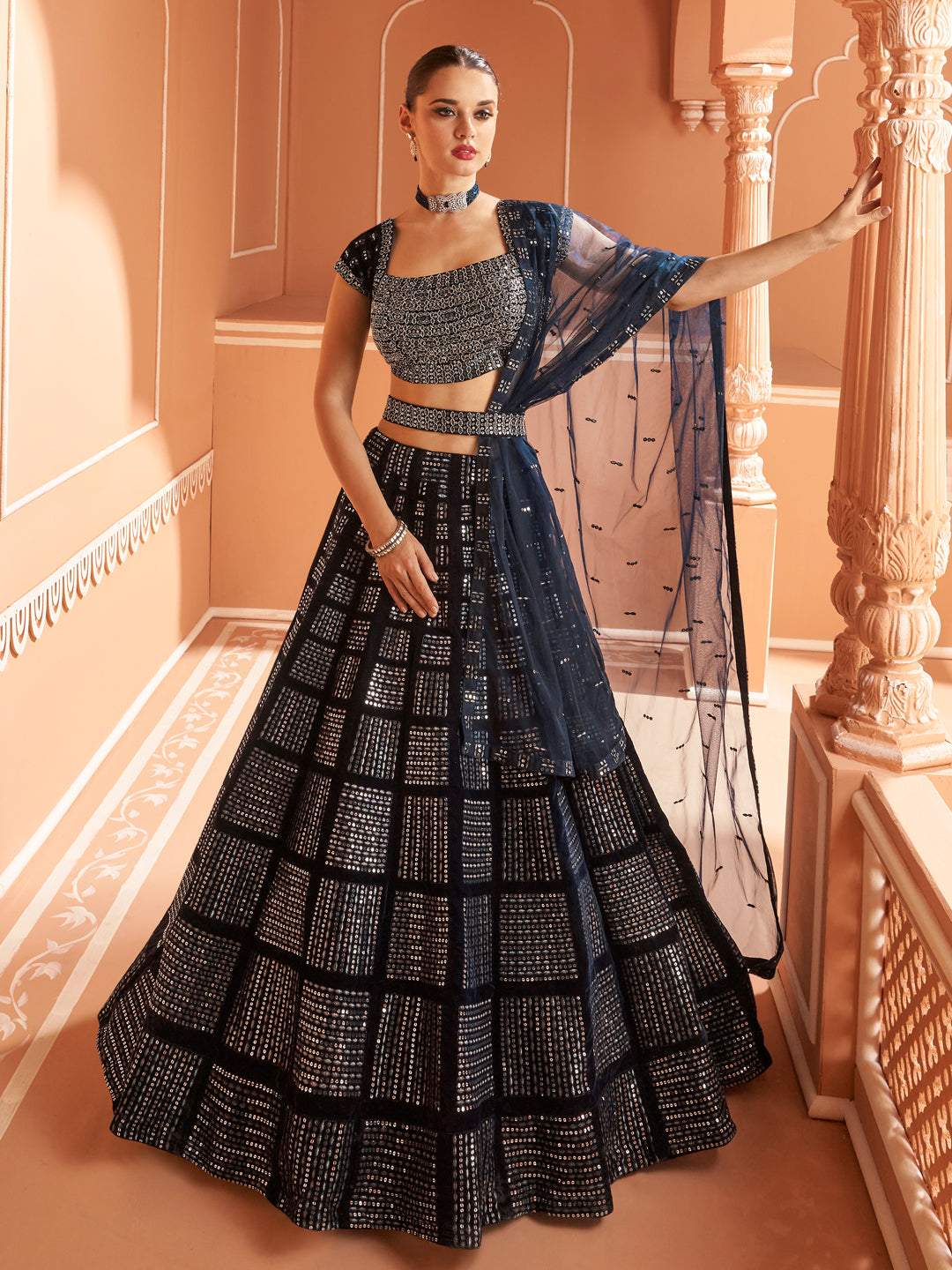 Embroidered Georgette Chinon Silk Sangeet Mehedi Lehenga in Black Color-81528