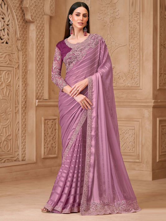 Onion Sartin Georgette with Embroidered Saree-32009