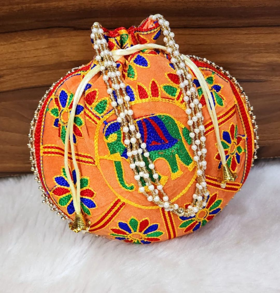 Designer Mulitcolor Embroidery Silk Elephant Handcrafted Potli-81398