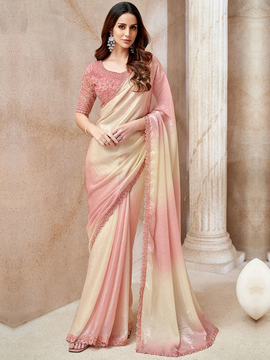 Fendi Digital Wedding Partywear Saree in Pink and Off White color-41053