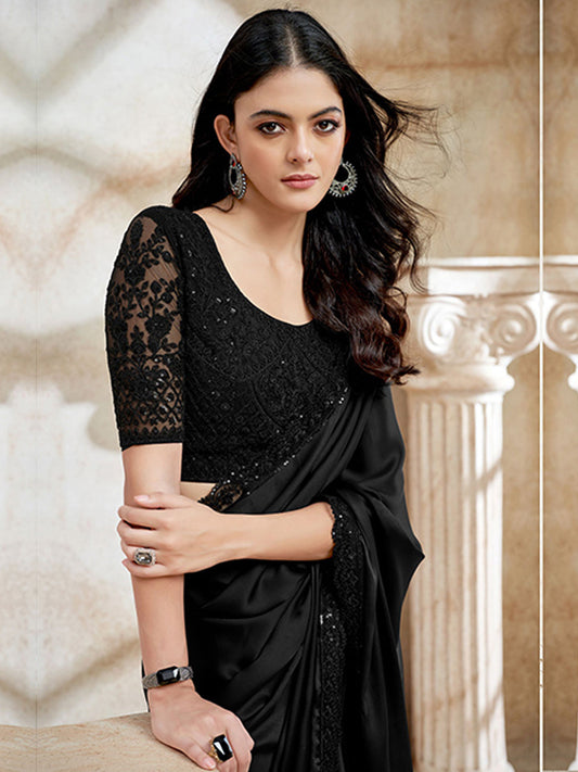 Satin Organza Wedding Partywear Saree in Black color-41057