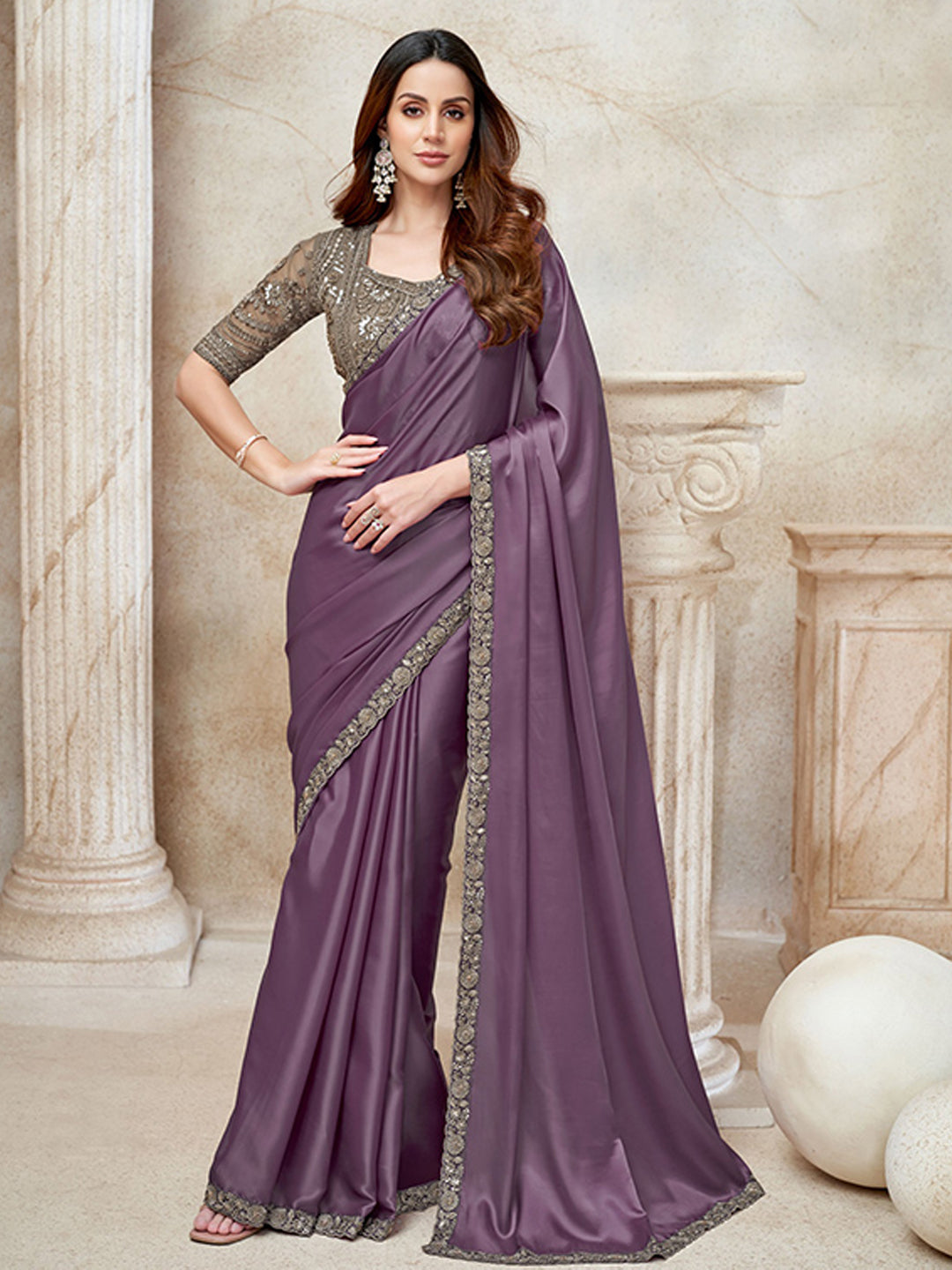 Satin Organza Wedding Partywear Saree in Purple color-41058