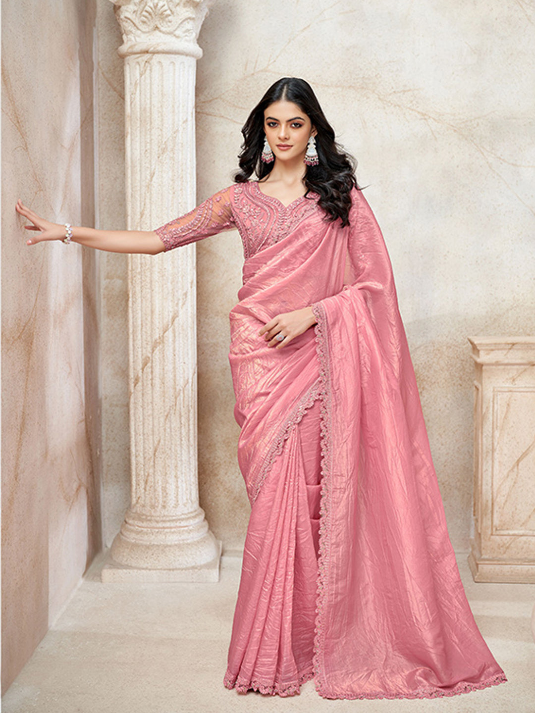 Golden Crush Wedding Partywear Saree in Pink color-41059