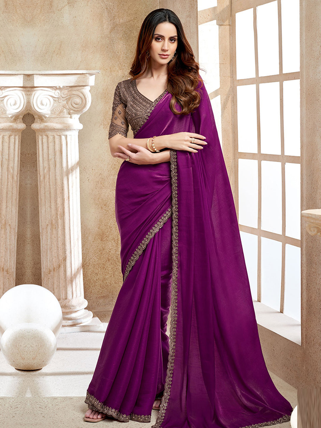 Fendi Chiffon Wedding Partywear Saree in Purple color-41060