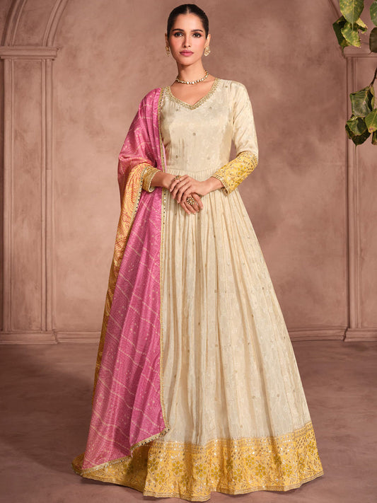 Viscose Simar Jacquard Festive Readymade Gown in Beig with Zari work-750055