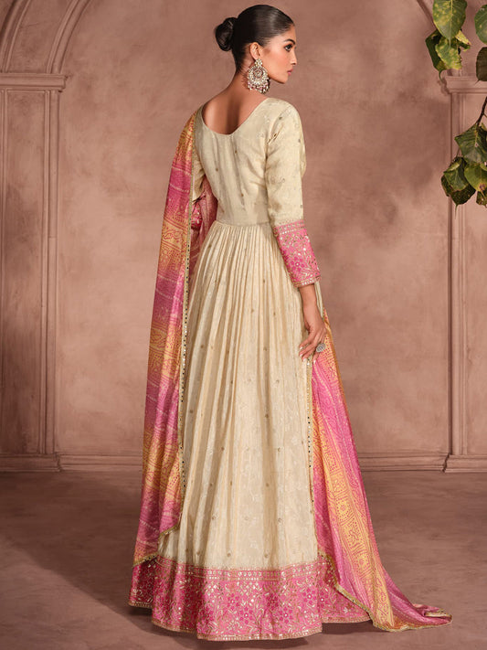 Viscose Simar Jacquard Festive Readymade Gown in Beig with Zari work-750056