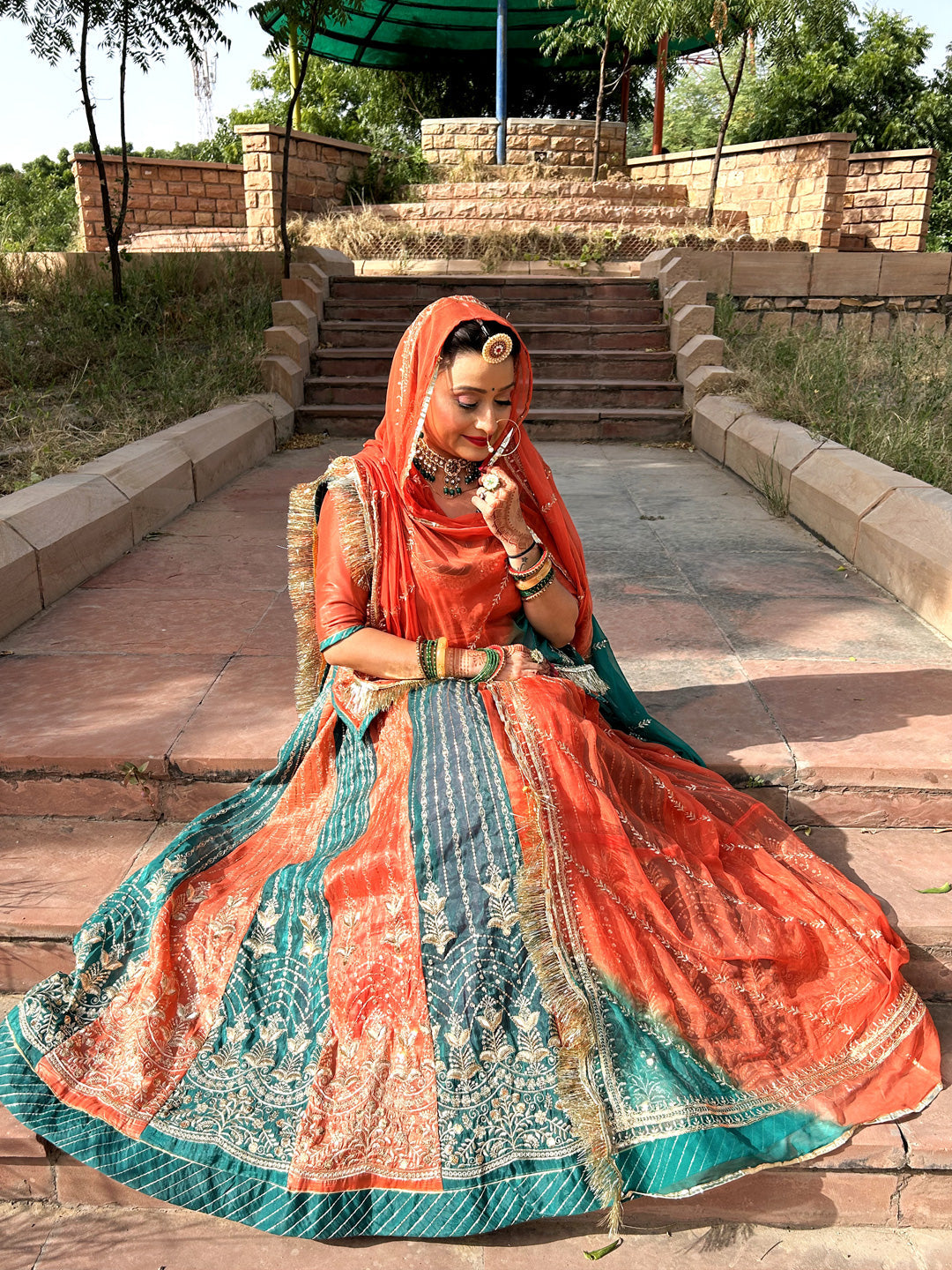 4 Miter full Gher Gold Crush Multicolour Premium quality Rajputi Poshak-91582