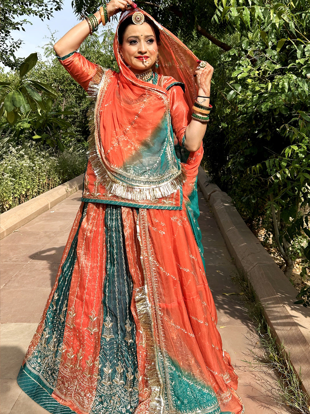 4 Miter full Gher Gold Crush Multicolour Premium quality Rajputi Poshak-91582