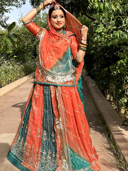 4 Miter full Gher Gold Crush Multicolour Premium quality Rajputi Poshak-91582