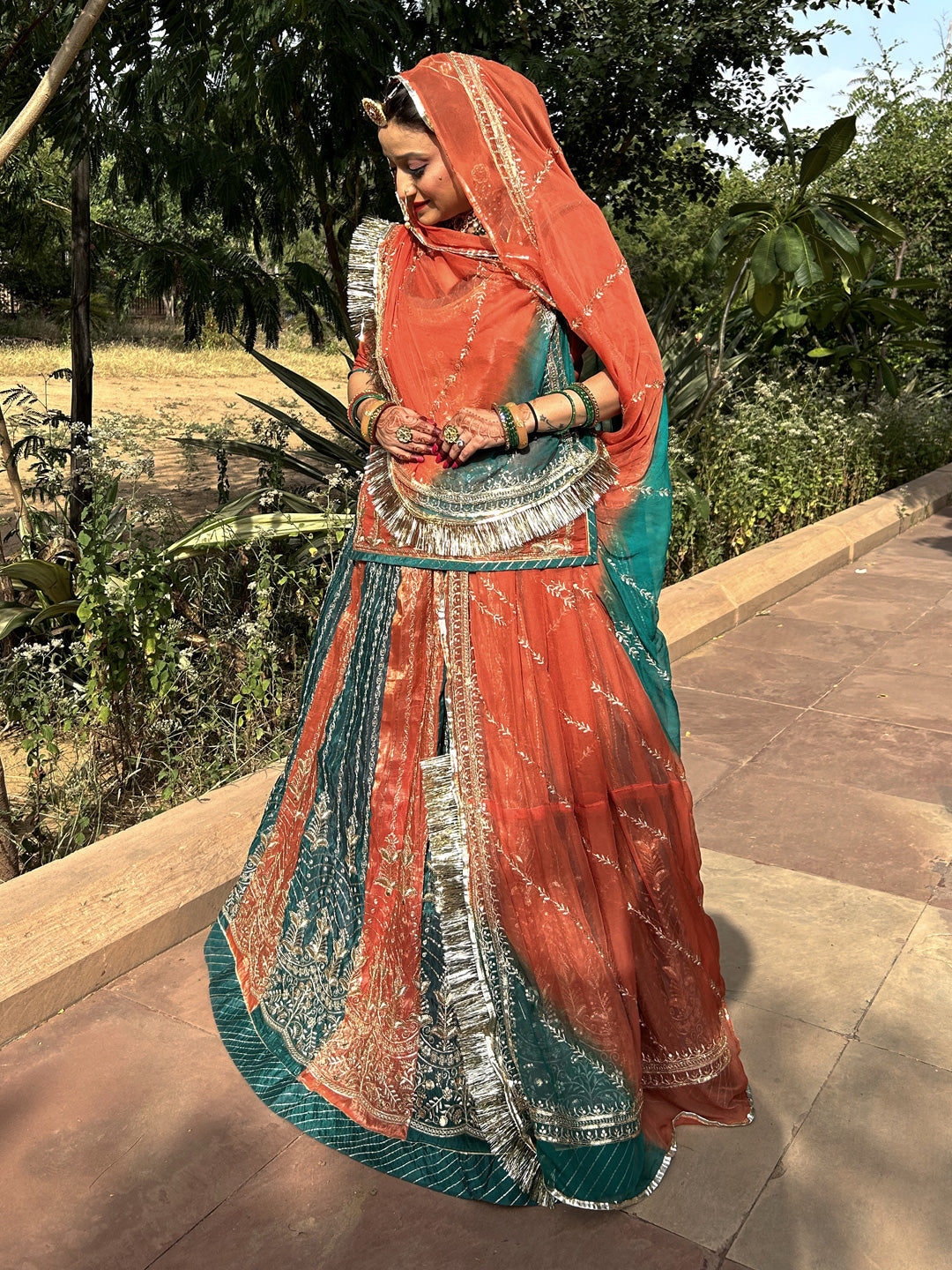 4 Miter full Gher Gold Crush Multicolour Premium quality Rajputi Poshak-91582