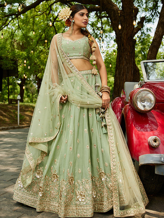 Chinnon Traditional Reception Wedding Lehenga In Lime Green color-41066