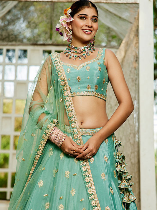 Chinnon Traditional Reception Wedding Lehenga In Green color-41069