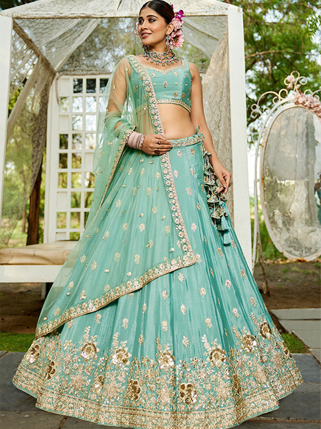 Chinnon Traditional Reception Wedding Lehenga In Green color-41069