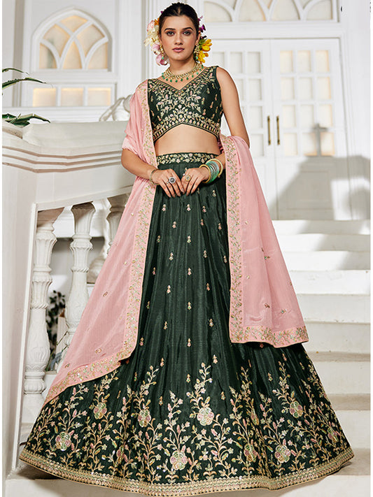 Chinnon Traditional Reception Wedding Lehenga In Green color-41071