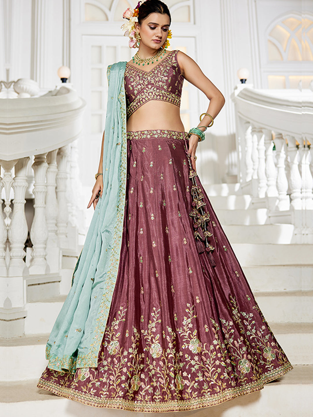 Chinnon Traditional Reception Wedding Lehenga In Rose Gold color-41072