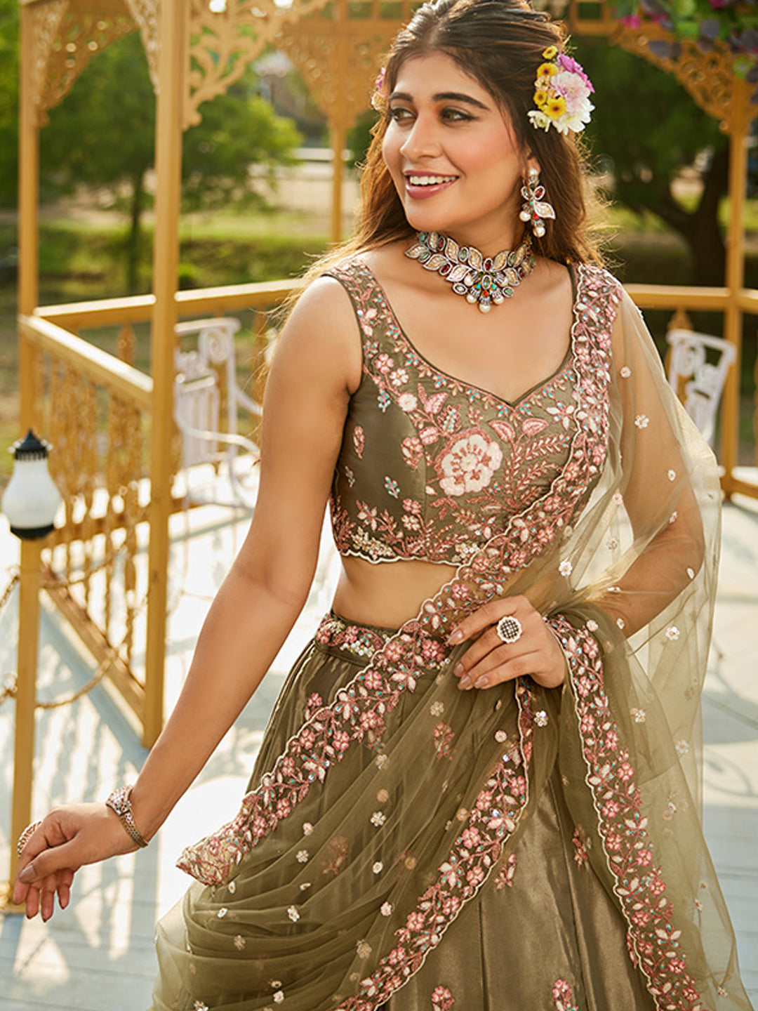 Satin Traditional Reception Wedding Lehenga In Green color-41074