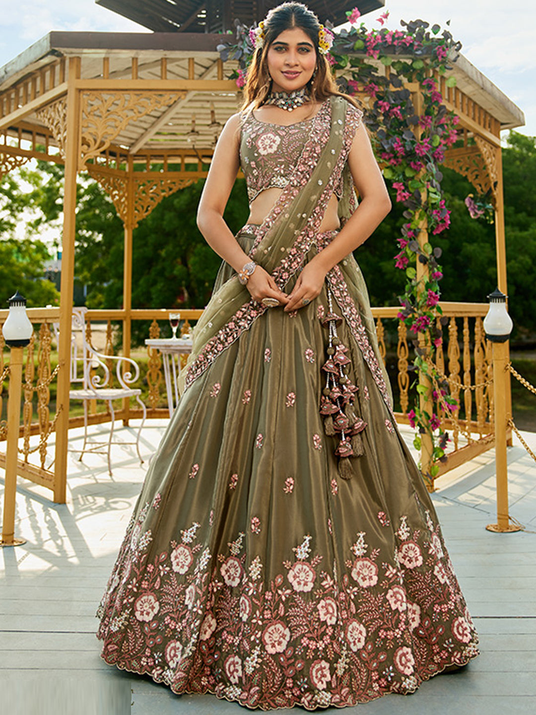 Satin Traditional Reception Wedding Lehenga In Green color-41074