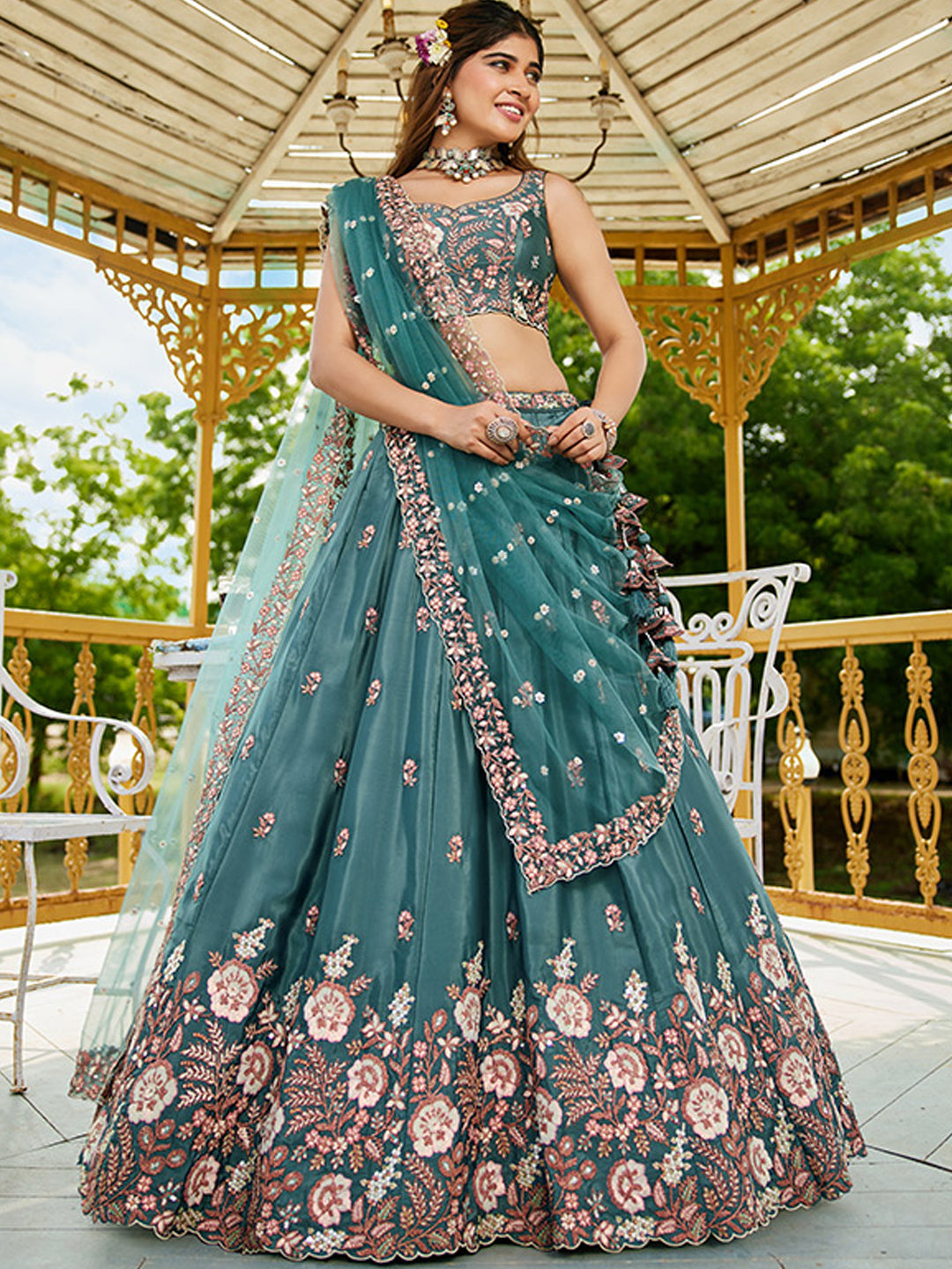 Satin Traditional Reception Wedding Lehenga In Blue color-41076