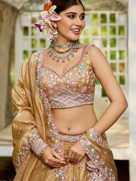 Tissue Traditional Reception Wedding Lehenga In Beige color-41077