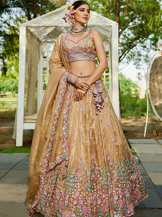 Tissue Traditional Reception Wedding Lehenga In Beige color-41077