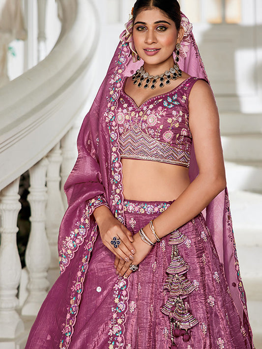 Tissue Traditional Reception Wedding Lehenga In Burgundy color-41078