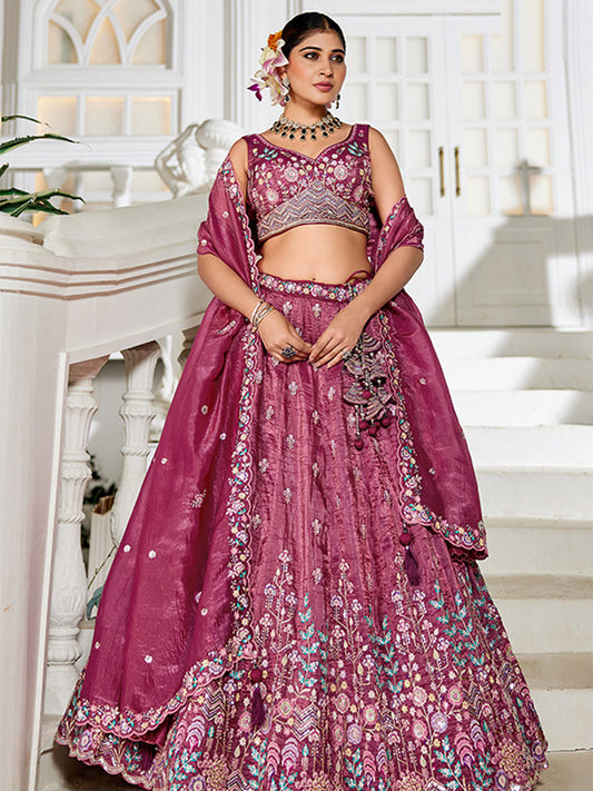 Tissue Traditional Reception Wedding Lehenga In Burgundy color-41078