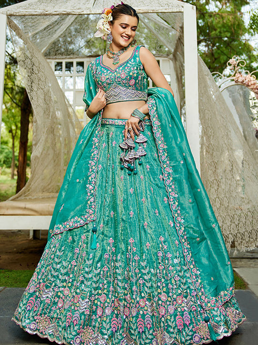 Tissue Traditional Reception Wedding Lehenga In Green color-41080
