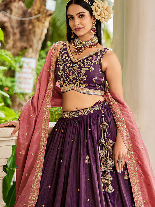 Golden Satin Traditional Reception Wedding Lehenga In Burgundy color-41081
