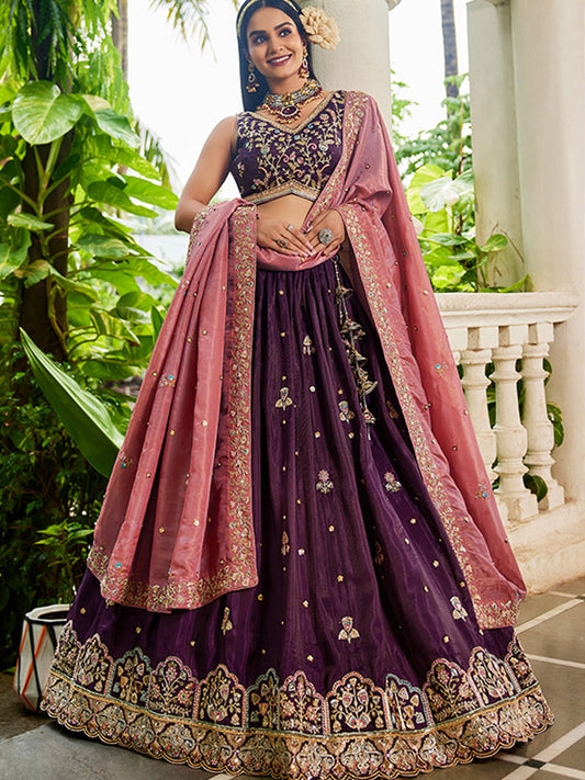 Golden Satin Traditional Reception Wedding Lehenga In Burgundy color-41081