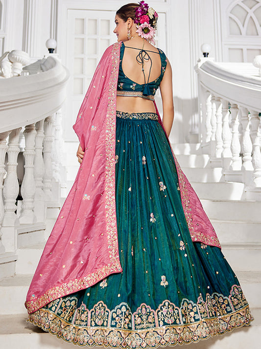Golden Satin Traditional Reception Wedding Lehenga In Teal color-41082