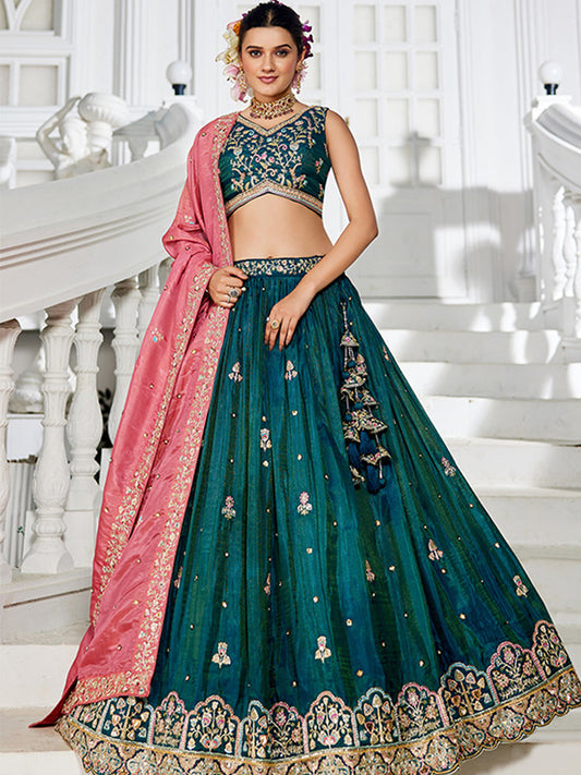 Golden Satin Traditional Reception Wedding Lehenga In Teal color-41082