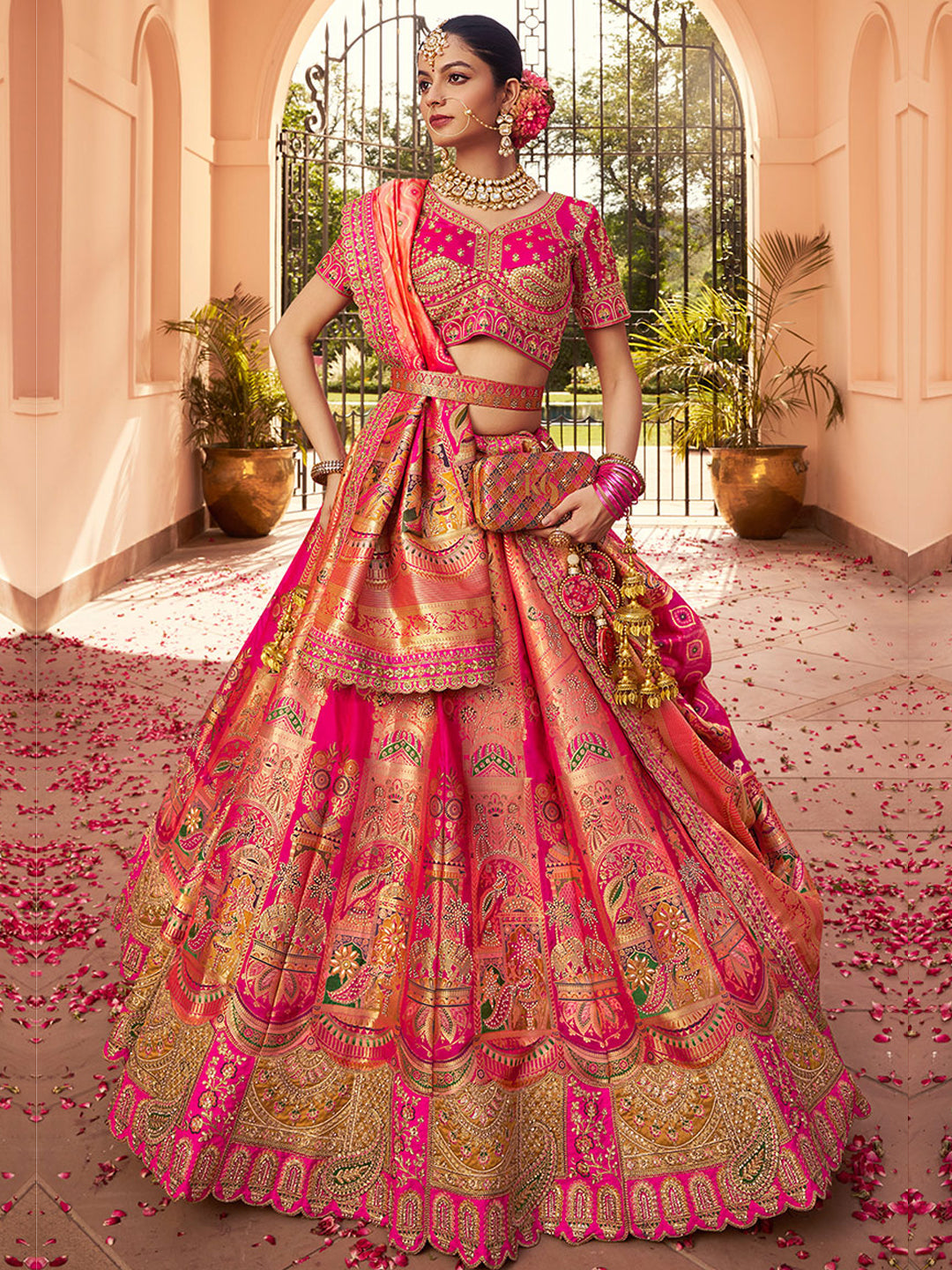 Banarasi Silk  Bridal Lehenga with Embroidered Work in Pink Color -41083