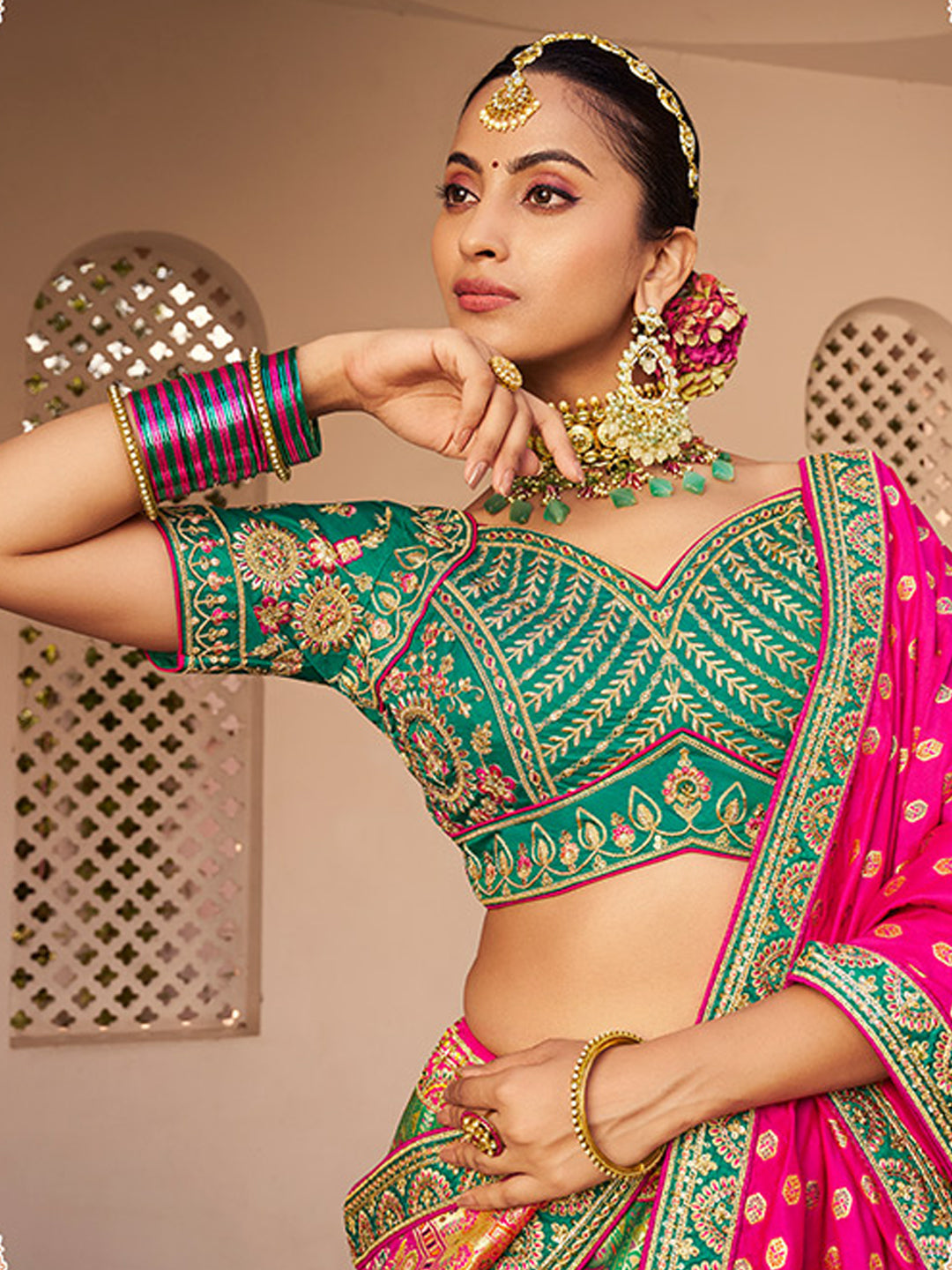 Banarasi Silk  Bridal Lehenga with Embroidered Work in Green and Pink Color -41084