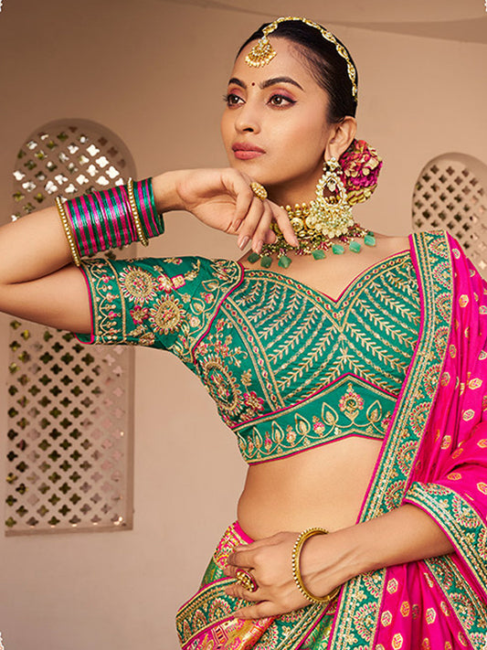 Banarasi Silk  Bridal Lehenga with Embroidered Work in Green and Pink Color -41084