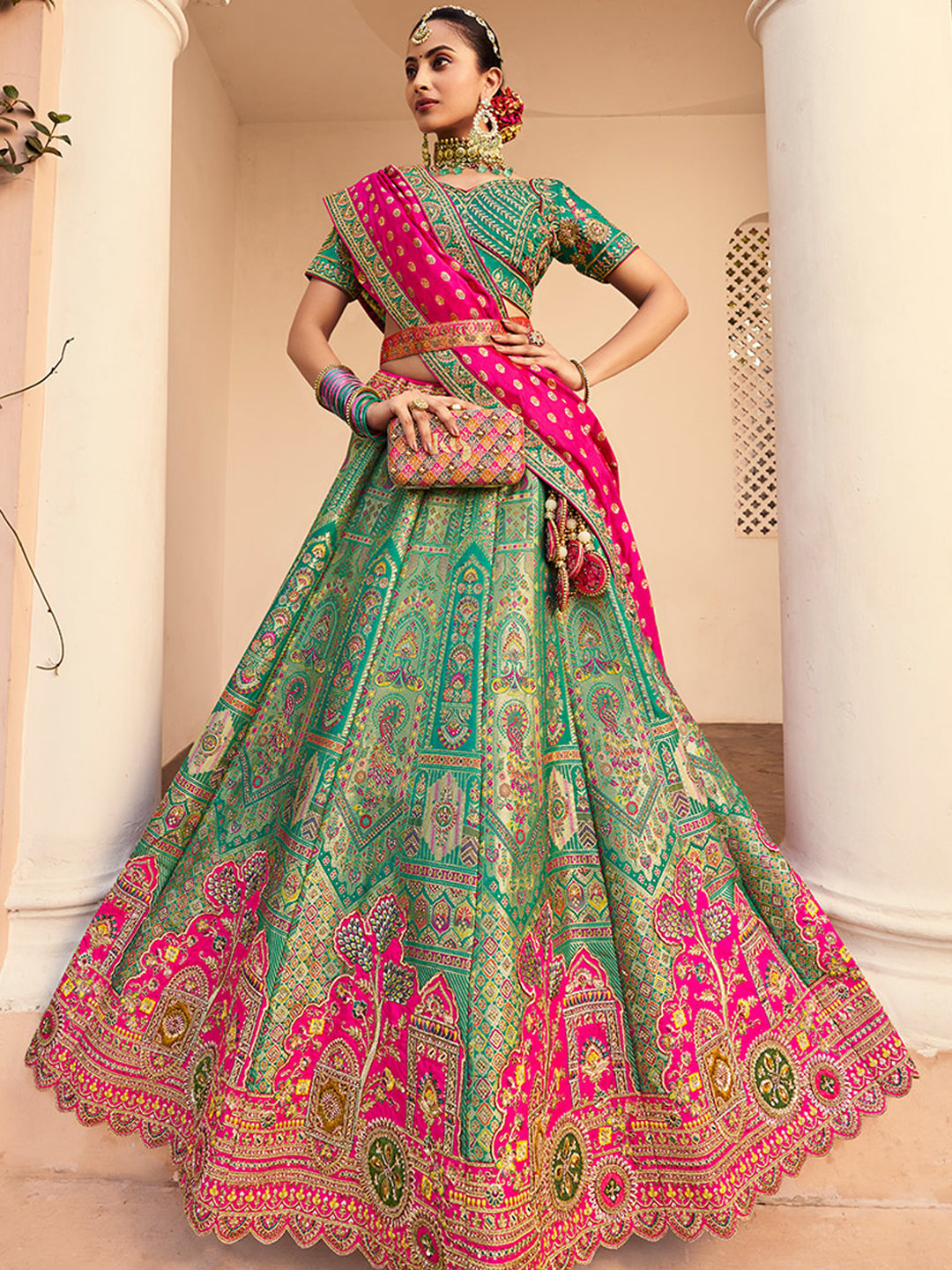 Banarasi Silk  Bridal Lehenga with Embroidered Work in Green and Pink Color -41084